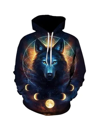 Wolf Printed Hoodie Blue/Yellow/Black 