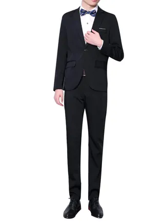 2-Piece Two Buttons Lapel Coat Pants Suit Black 