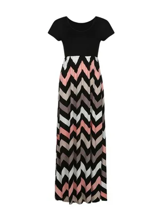 Retro Zigzag Printed Maxi Dress Grey/Black/Pink 