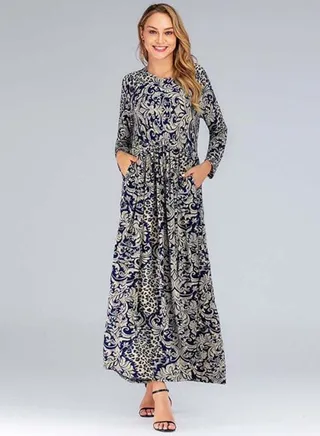Printed Maxi Dress Grey/Beige/Blue 
