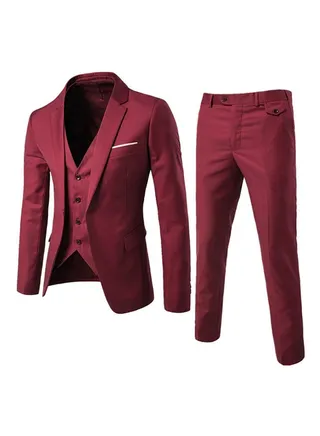 Business Formal Slim Fit Waistcoat Three-piece Suit Red 