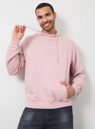 Embroidered Text Relaxed Fit Fleece Hoodie