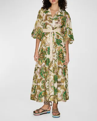 Octavia V-Neck Belted Paisley Midi Shirtdress