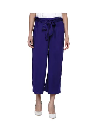 Paper Bag Waist Pants With Cloth Belt Indigo Purple 