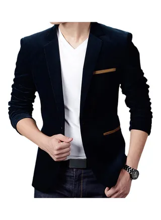 Lapel Collar Button Jacket Navy Blue 