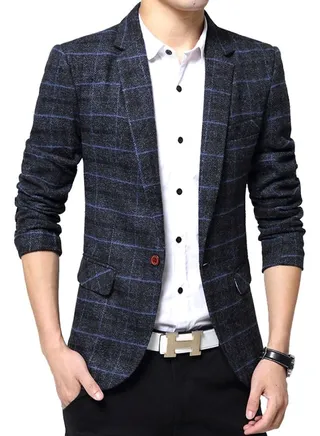 Stripes Pattern Casual Blazer Navy Blue 