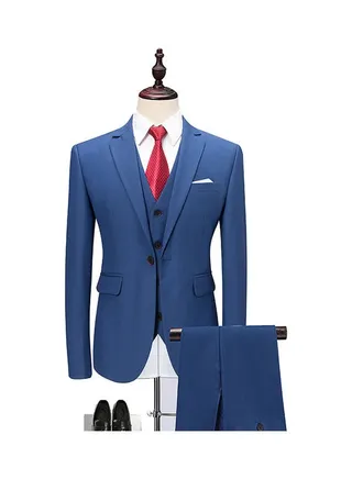 Set Of 3 Pieces Men Lapel V-Neck Suit And Vest And Pants Slim Solid Color Wedding Groom Formal Outfit Berry Blue 