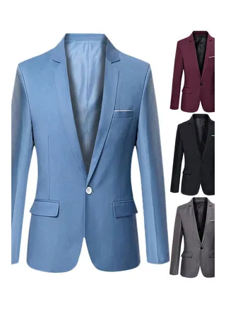 Fashion Men Solid Colour Long Sleeve Lapel Slim Fit Blazer Suit Coat Outwear Navy Blue 