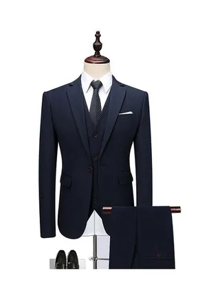 Set Of 3 Pieces Men Lapel V-Neck Suit And Vest And Pants Slim Solid Color Wedding Groom Formal Outfit Azure Blue 