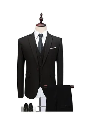 Set Of 3 Pieces Men Lapel V-neck Suit And Vest And Pants Slim Solid Color Wedding Groom Formal Outfit Reven Black 