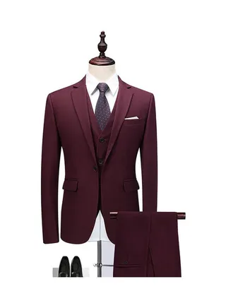 3 Piece Men Lapel V-neck Wedding Suit Formal Outfit Red wine 