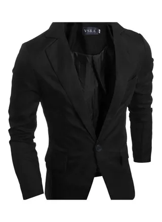 Men Slim Single Button Lapel Suit V-neck Simple Solid Color Casual Wedding Groom Coat Black 