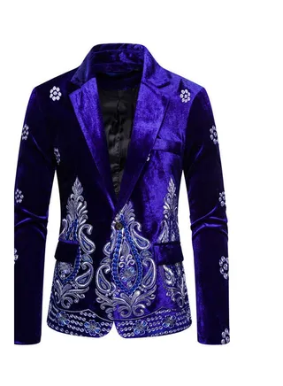 Velvet Suit V-Neck Lapel Embroidery Floral Coat Royal blue 