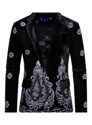 Velvet Suit V-Neck Lapel Embroidery Floral Coat black 