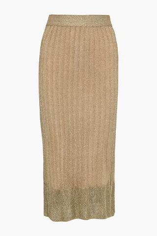 Fluted metallic ribbed-knit midi skirt