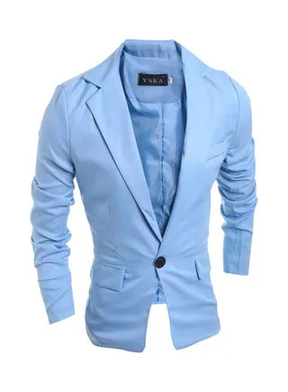 Men Slim Single Button Lapel Suit V- Neck Simple Solid Color Casual Wedding Groom Coat Light Blue 