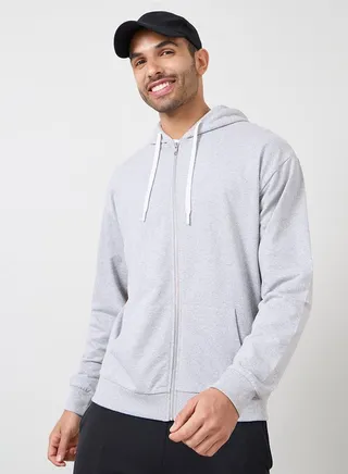 Relaxed Fit Zip Hoodie with Contrast Drawcord 