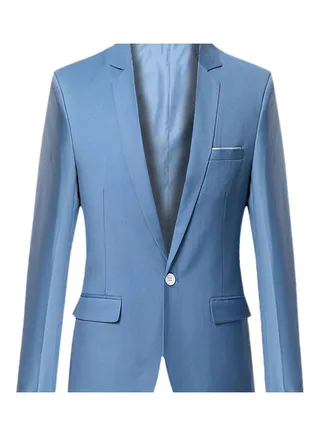 Fashion Men Solid Colour Long Sleeve Lapel Slim Fit Blazer Suit Coat Outwear Light Blue 