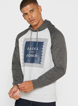Colour Block Logo Printed Hoodie Grey 
