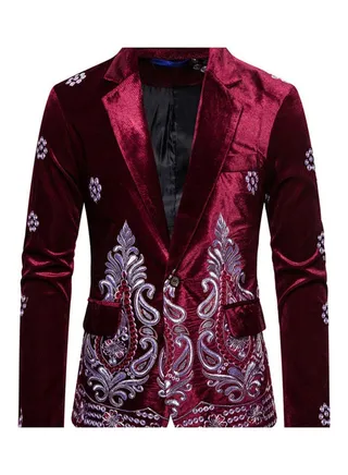 Single Button Embroidered Suit Wine Red 
