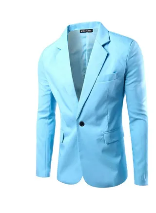 Single Button Lapel Casual Blazer Coat Light Blue 