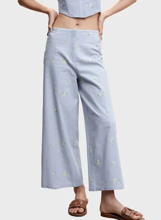 Embroidered Wide Leg Pants 