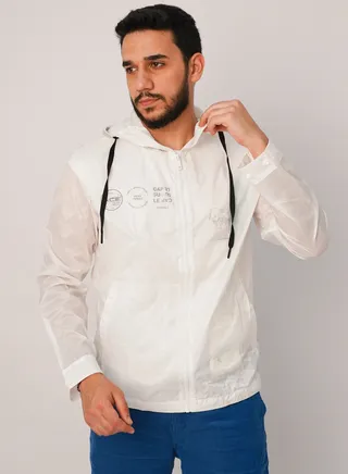 Men’s Raincoat Outdoor Windbreaker Reusable Hoodie in Bright White 