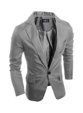 Men Slim Single Button Lapel Suit V-Neck Simple Solid Color Casual Wedding Groom Coat Gray 
