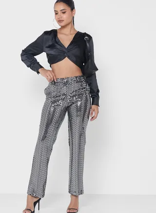 Sequin Detail High Waist Pants 