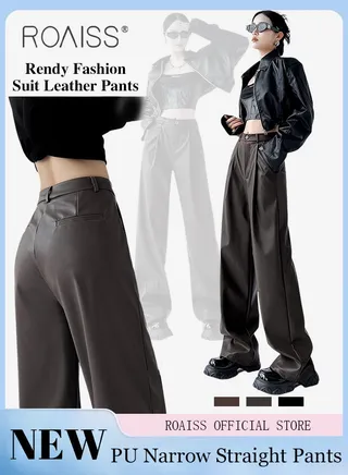 Women Slim Fit Leather Pants Relaxed Fit Straight Leg Trousers Ladies PU Suit Leather Pants Fashionable and Versatile for Casual Wear Flattering for All Leg Types Creates a Slim and Straight Leg Look 