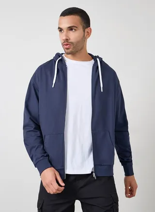 Relaxed Fit Zip Hoodie with Contrast Drawcord 