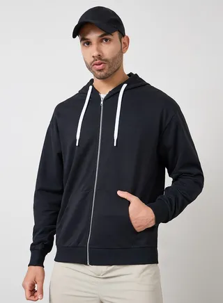 Relaxed Fit Zip Hoodie with Contrast Drawcord