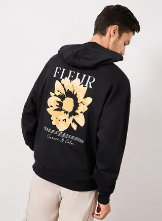 Back Floral Sticker Print Fleece Oversized Hoodie 