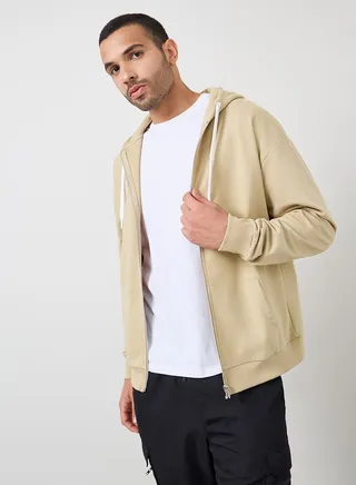 Relaxed Fit Zip Hoodie with Contrast Drawcord