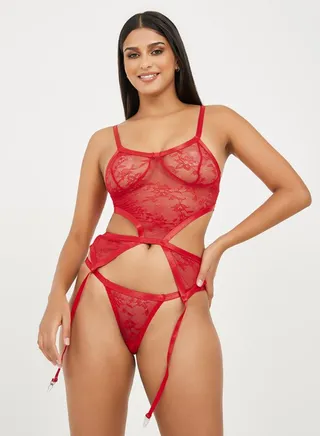 All Over Lace Double Strap Bodysuit with Suspender & Thong Set 