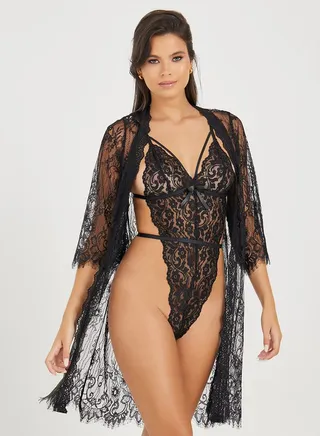 Scalloped Edge Lace High Cut Bodysuit & Eyelash Lace Robe Set 