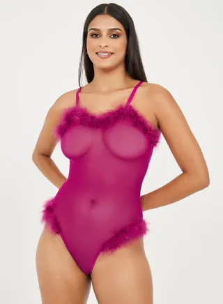 Faux Feather Trim Mesh Bodysuit