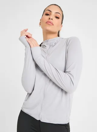 Open Pocket & Thumbhole Detail Zip Up Hooded Jacket