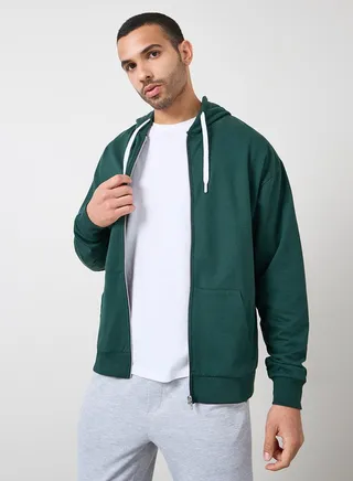 Relaxed Fit Zip Hoodie with Contrast Drawcord