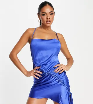 ASYOU asymmetric satin cami dress in cobalt