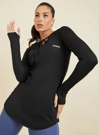 Running Text Thumbhole Detail Longline Hooded Top 