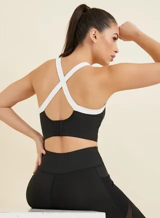 Contrast Cross Over Strap Back Hook & Eye Longline Medium Support Sports Bra 