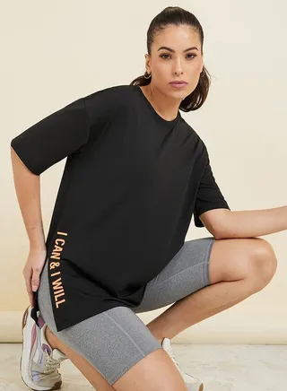 Slogan Side Slit Detail Loose Yoga Fit Top 