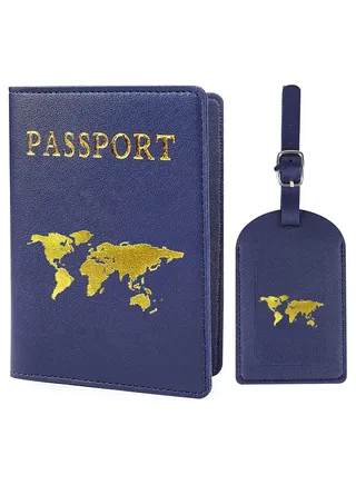Passport Cover and Luggage Tag Set, 1 x Passport Protective Cover + 1 x Suitcase Tag, Faux Leather Passport Cover for Credit Cards, ID and Travel Documents 