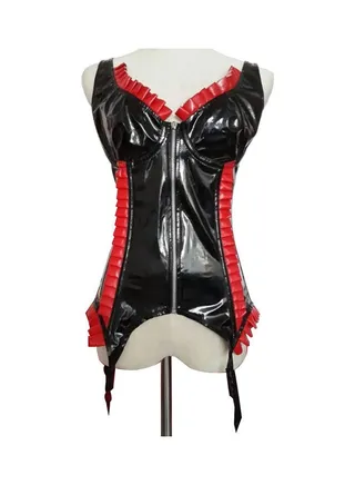 Ruffled Faux Leather Lace Up Zipper Corset Black/Red 