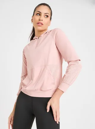 Half Zip Up Mesh Detail Hooded Top 