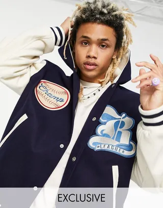 ASOS DESIGN oversized wool look varsity bomber jacket with hood in navy