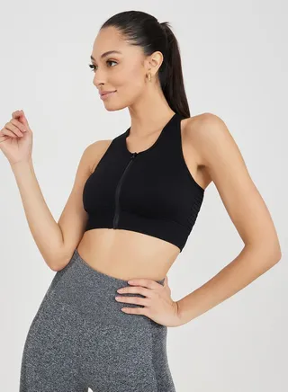 Front Zip Seamless Knit Detail Sports Bra 