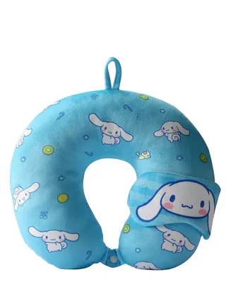Travel Neck Pillow with Eye Mask, Cartoon Sanrio Memory Foam Pillow, Travel Neck Pillow for Kids, Suitable for Travelling, Sleeping, Airplane, Car, Home & Office (Blue) 
