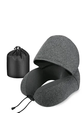 Neck Pillow for Travel, Memory Foam Travel Pillow with Hood, Adult Airplane Pillow for Head Rest Neck Support, Portable Pillow for Office Cars Trains Long Flights Sleeping, Deep Grey 